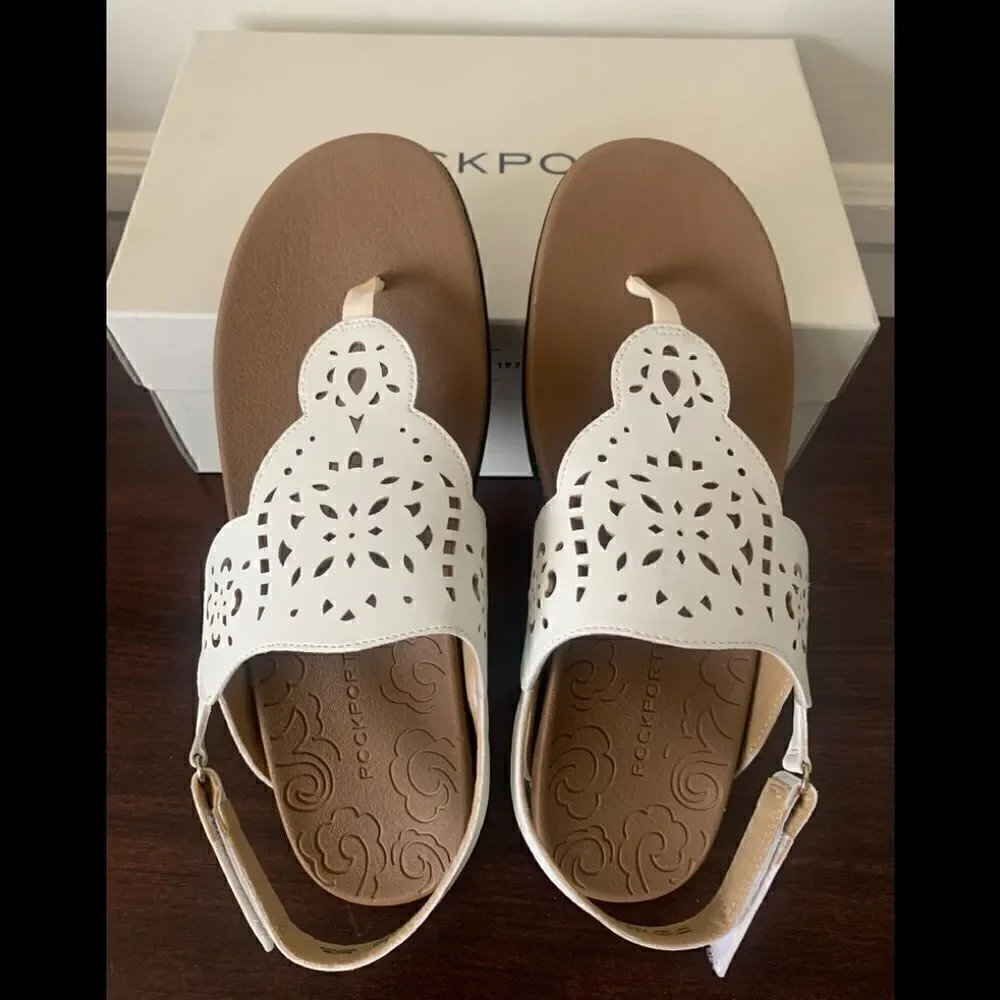 Rockport Women’s sling back leather flat white sandal Sz 11, NIB